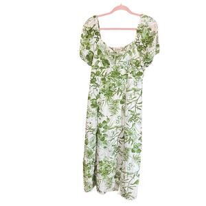 Sweet Wanderer Green Floral Puff Sleeve midi Dress Smocked Back Large whimsical